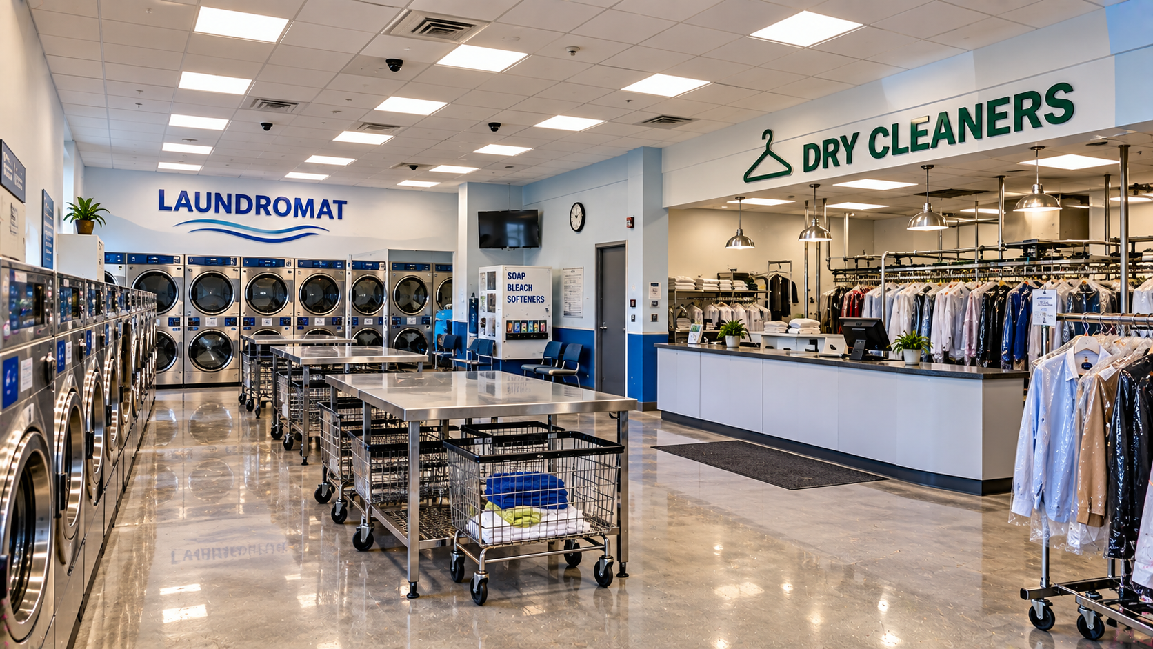Laundromat and dry cleaner interior with machines and service counter